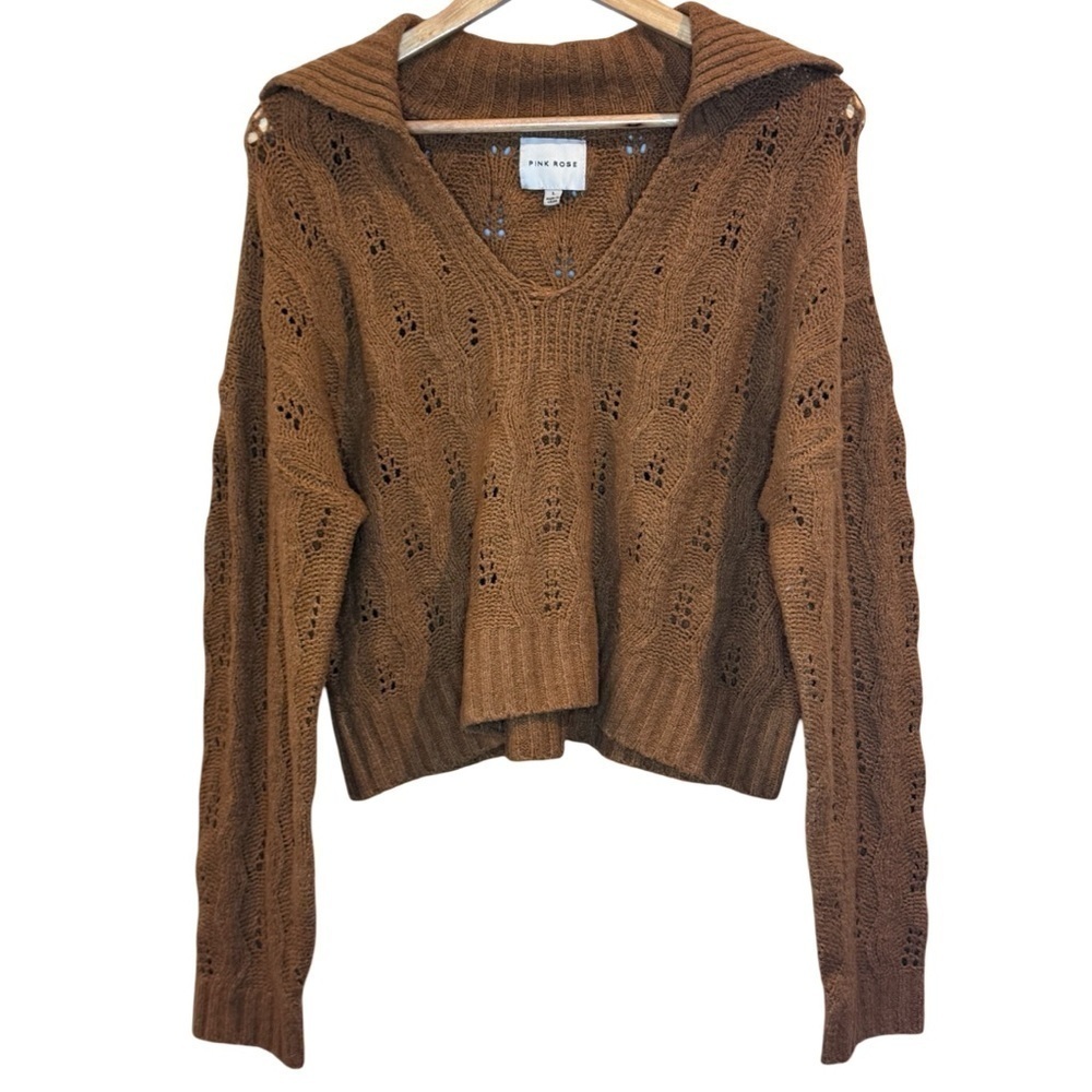 Pink Rose Brown Eyelet Cable Knit Cropped Sweater Size L